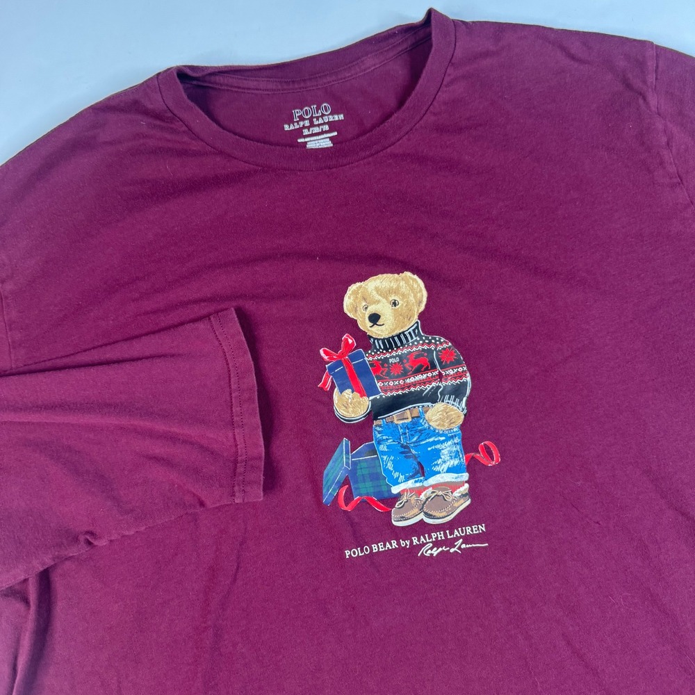 Polo‎ Bear Ralph Lauren T-Shirt Mens XL Burgundy Long Sleeve Holiday Graphic